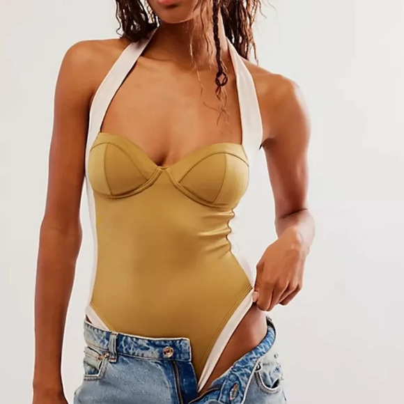 We Are Hah x Free People Pull It Through One Piece Bodysuit Swimsuit in Shroom - Picture 1 of 11